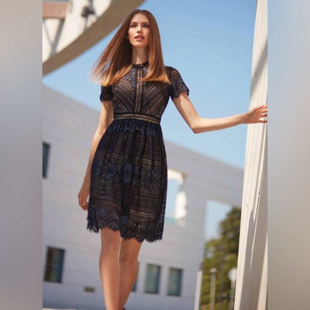 NWT Picadilly Canada Floral Lace Dress Navy Black Lined Size Small